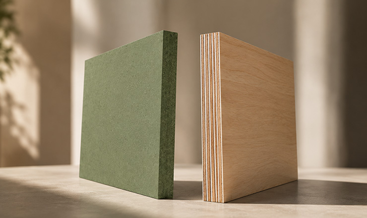 Two engineered wood panels representing MDF and plywood displayed in a premium architectural studio setting, highlighting their distinct material characteristics.